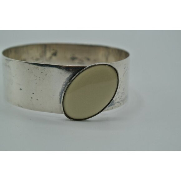 Sterling Silver Hinged Cuff Bracelet Oval White Stone 925 JPA 20 Grams Vtg - Picture 4 of 11